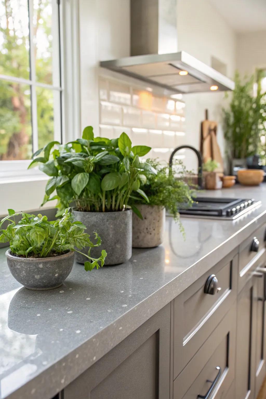 Eco-friendly kitchen with grey reclaimed glass countertops.