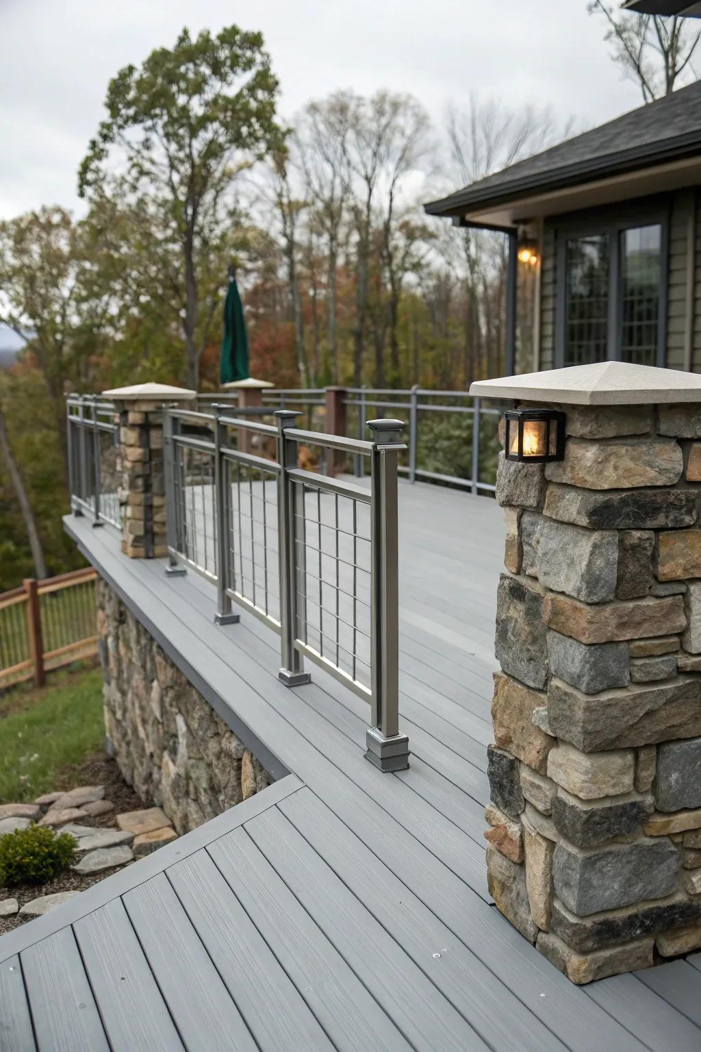 A grey patio with an engaging visual appeal, achieved through a mix of materials.