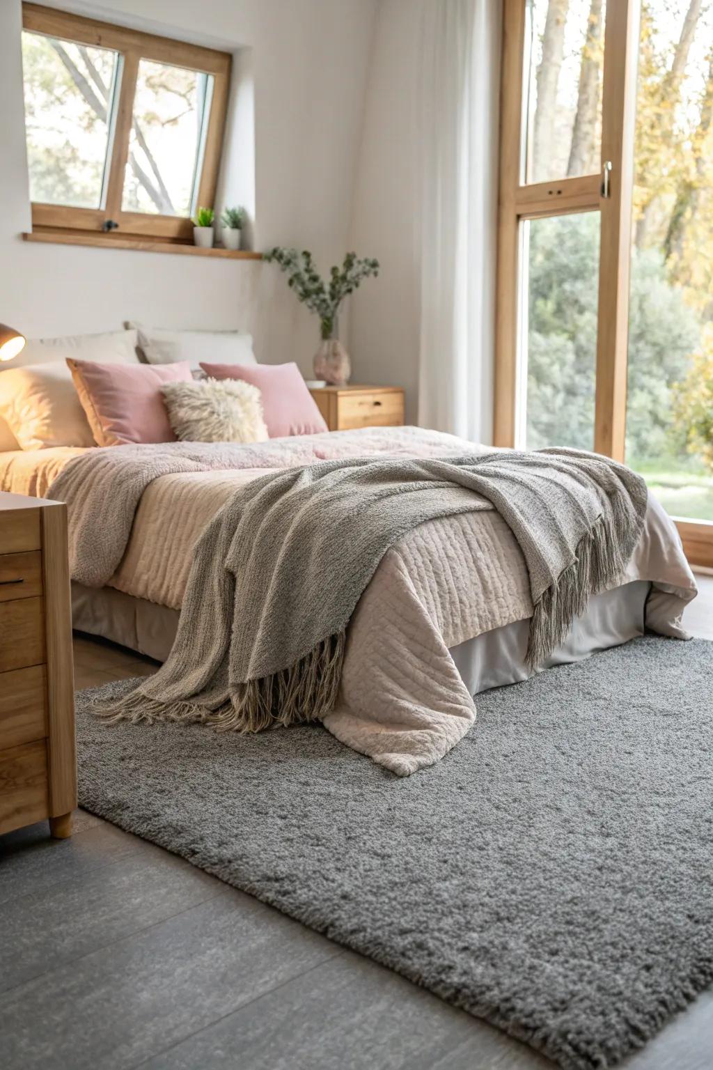 Greyish carpet makes a peaceful and inviting environment in this room.