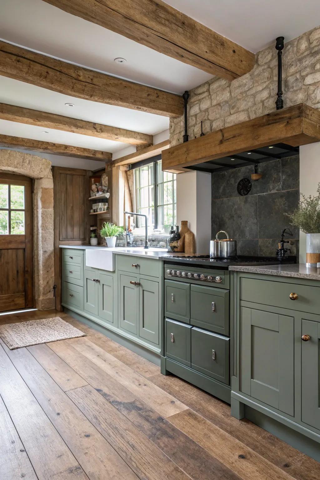 Wood floors give a rustic feel to the modern greenish-gray cabinets.