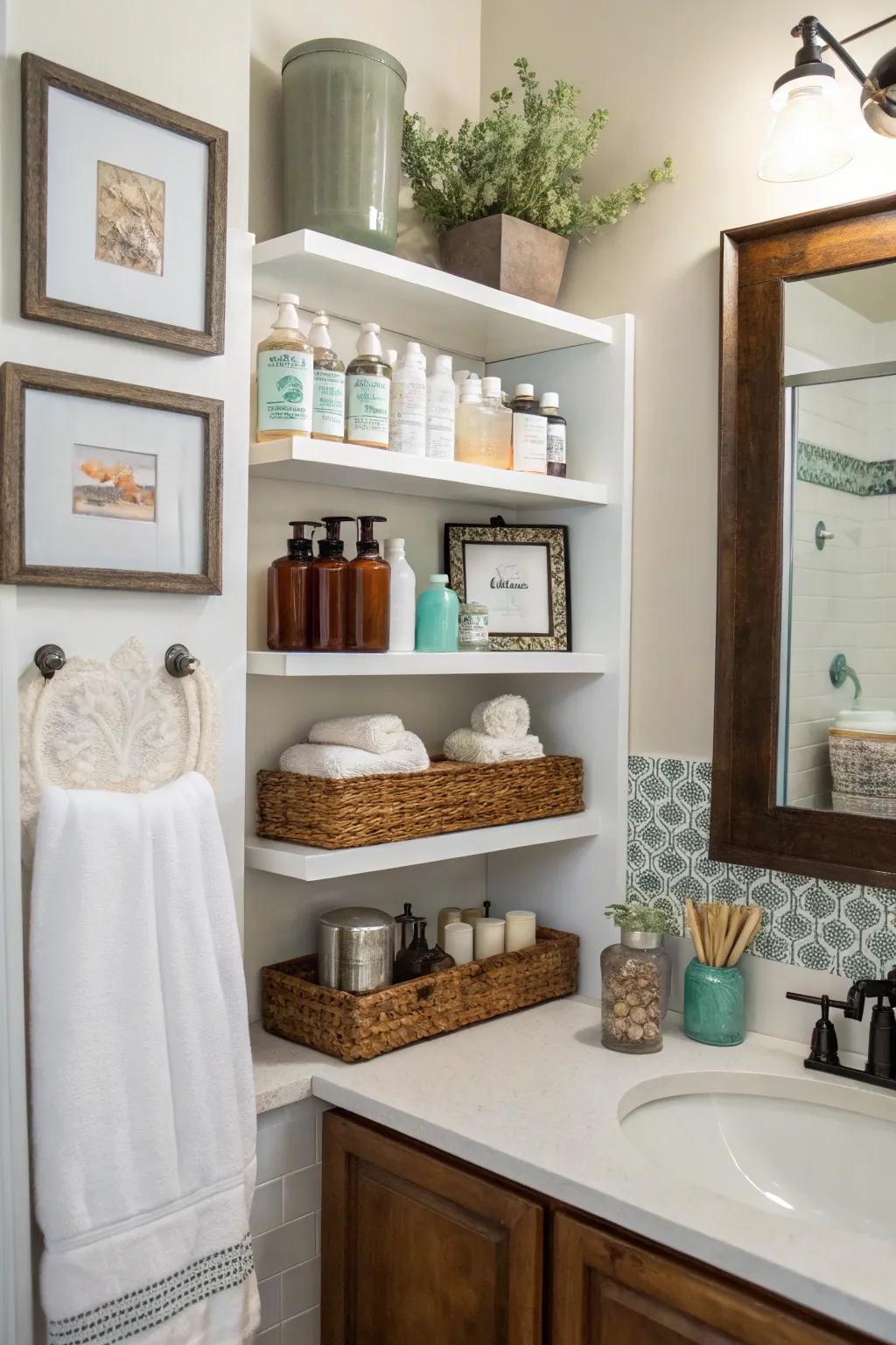 A guest bathroom featuring open shelving, displaying toiletries and decorative items.