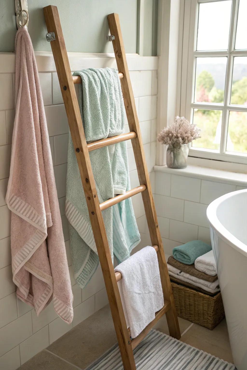 A ladder rack infuses rustic charm into your bathroom.