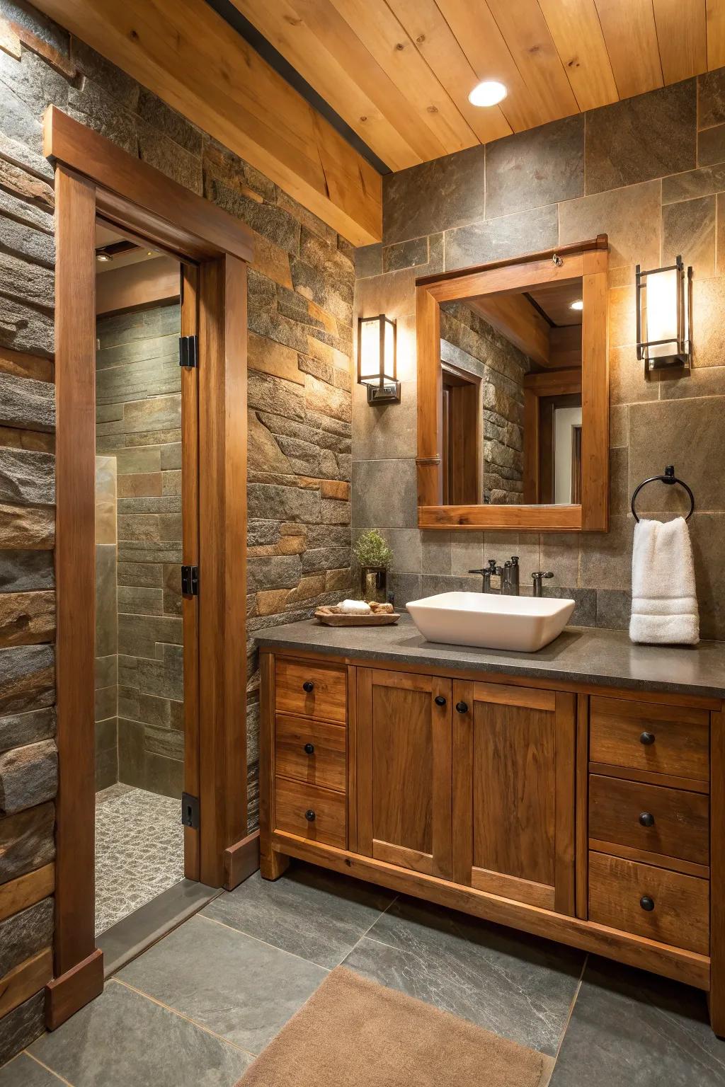 Structured components like wood and rock bring warmth to this modern bathroom.
