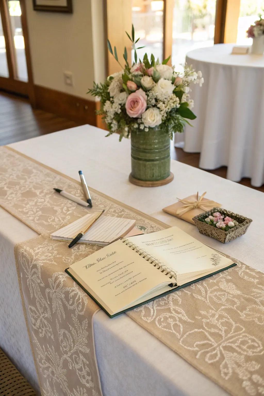 Ornamental linens enhance the guest book table.