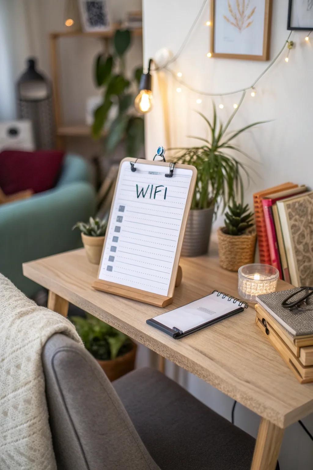 A clipboard providing a casual approach to WiFi signage in an office area.