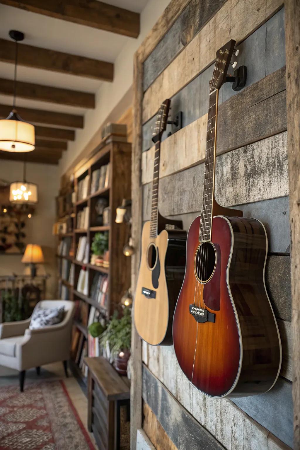 Instruments presented upon a rustic reclaimed timber wall.