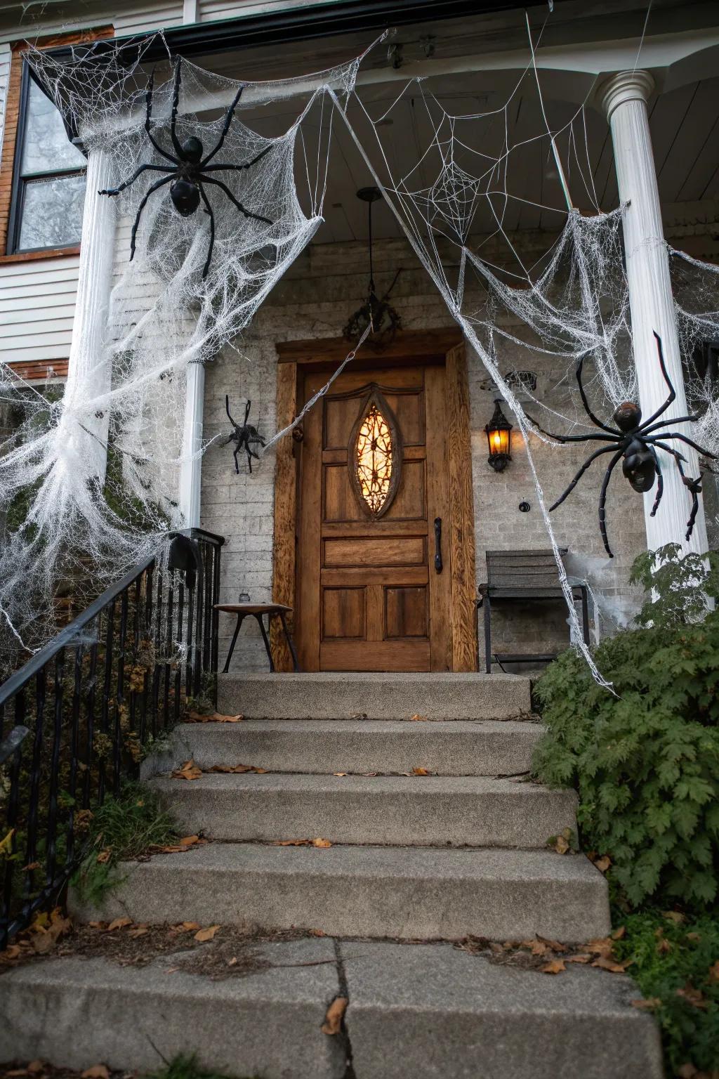 Dense cobwebs enhance the haunted dwelling atmosphere.