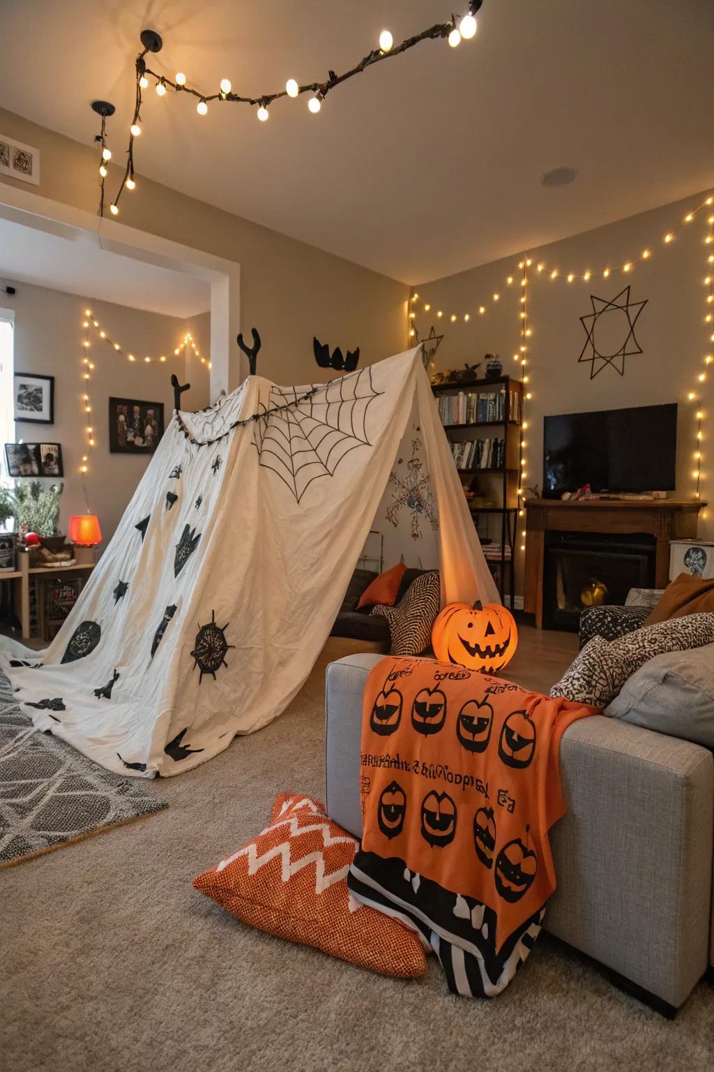 A fortress of blankets invites a blend of comfort and chills.