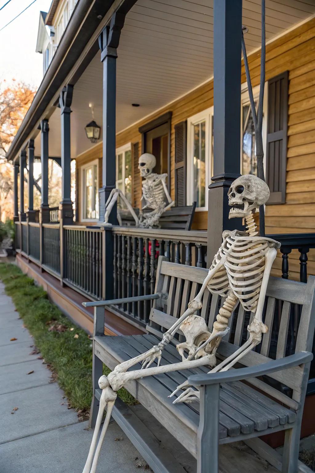 Amusing skeletons contribute a humorous aspect to this spooky location.
