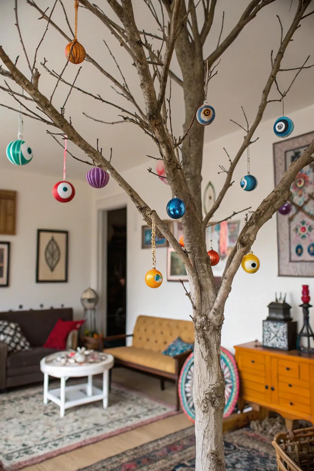 An all-seeing Halloween tree adorned with eyeball ornaments.