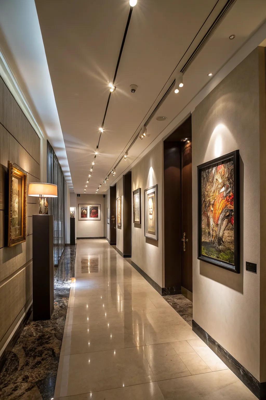 Illumination heightens the allure of corridor artwork.