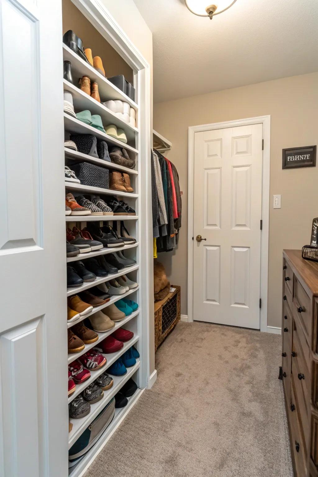A footwear rack in a hallway closet for footwear that is easy to get to and well-ordered.