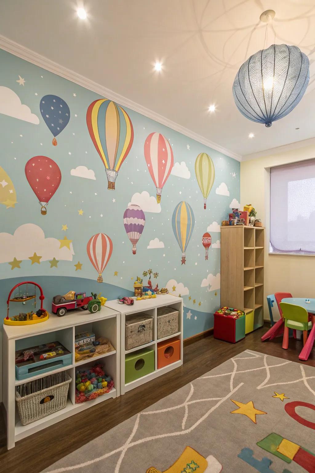 A playful mural metamorphoses this child's chamber into a dreamland.