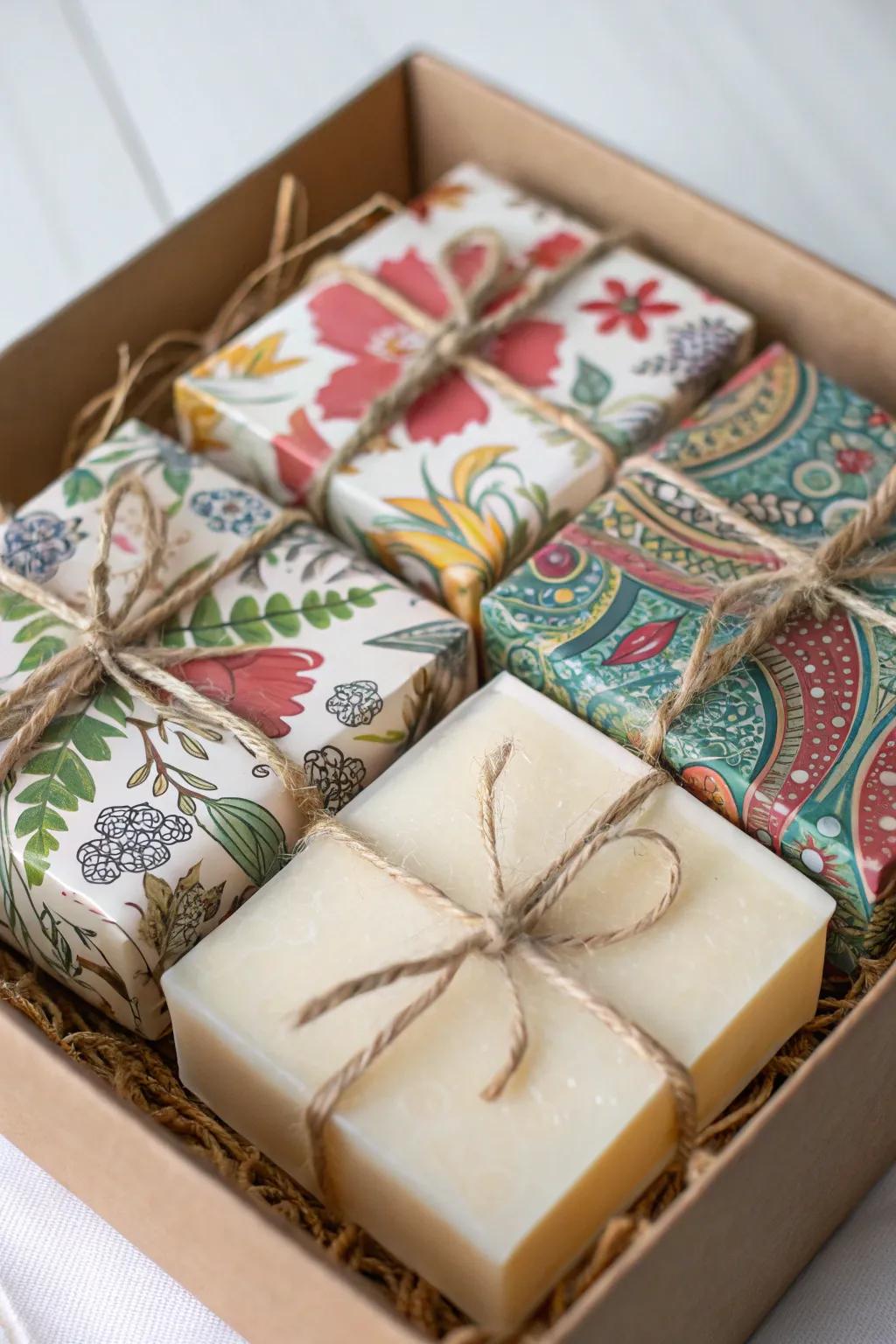 Handmade cleanser bars elegantly enfolded for gifting.