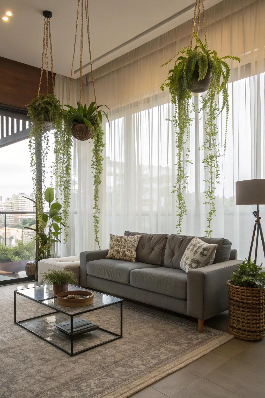 Rejuvenate your living room with suspended plants.