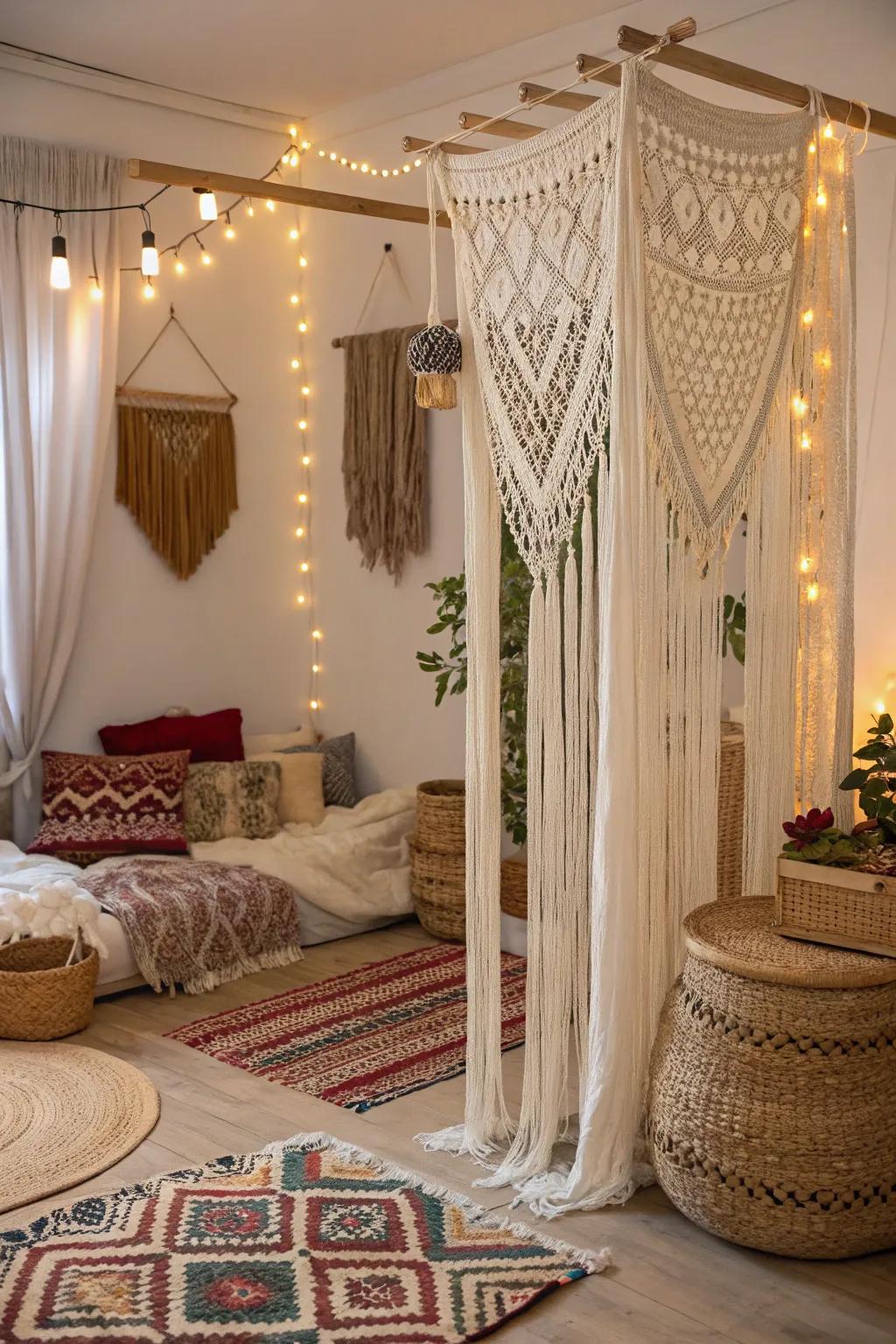 Woven hanging decor makes a relaxed and artistic vibe.