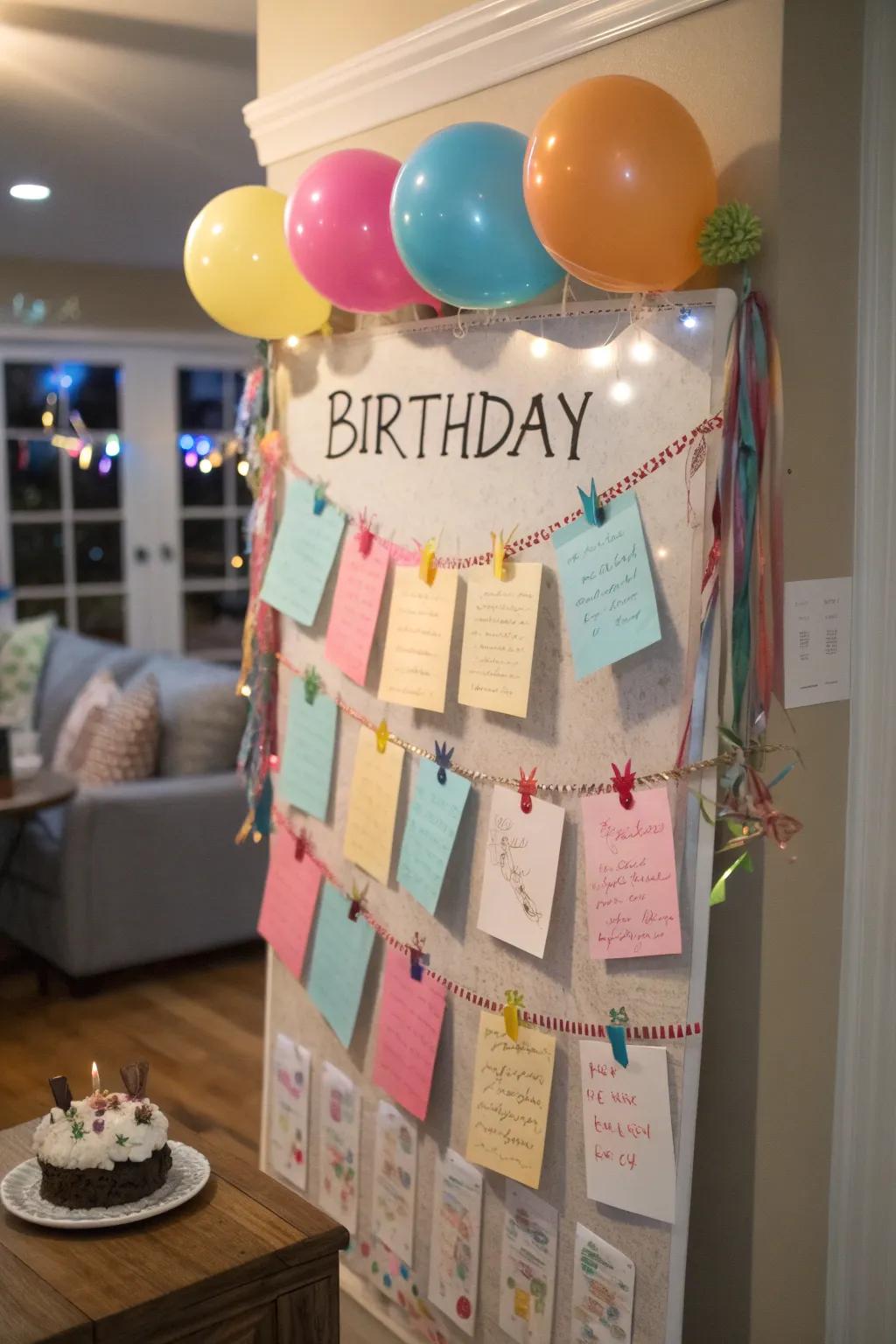 An interactive birthday display featuring personalized name cards.