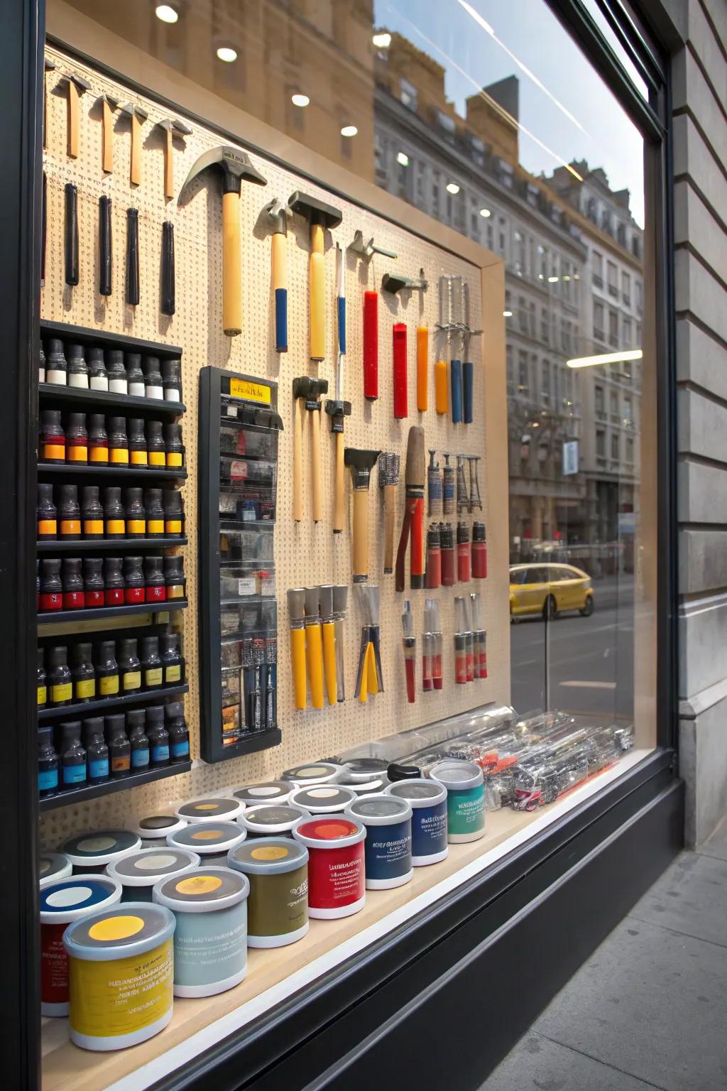 An attention-grabbing window display with tools and creative designs.