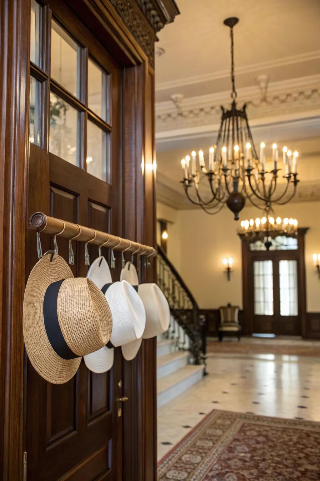 Hats are suspended from a rod, utilizing clips.