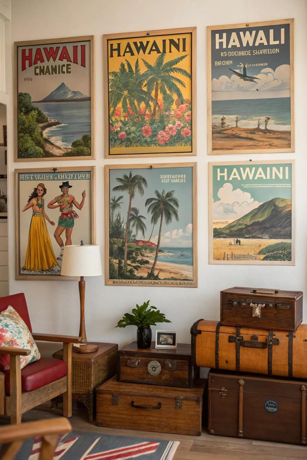 Classic Hawaiian vacation banners arranged inside a retro-themed space.