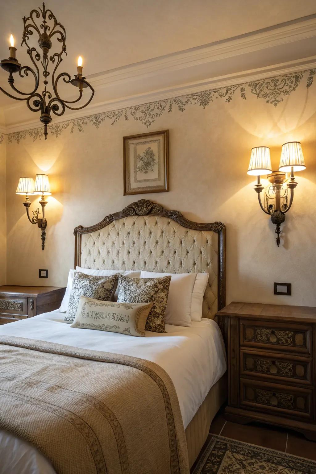 Vintage sconces offer charm and personality to any sleeping space.