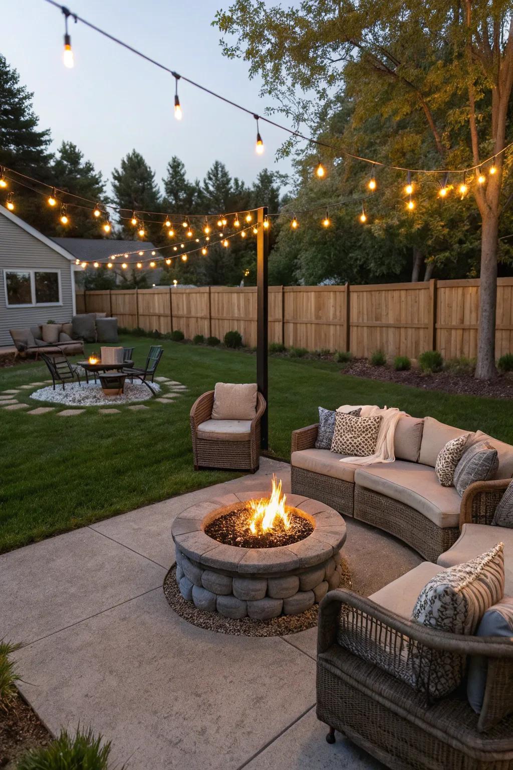 A backyard scene with an elegant fire enclave, ideal for cozy outdoor gatherings.