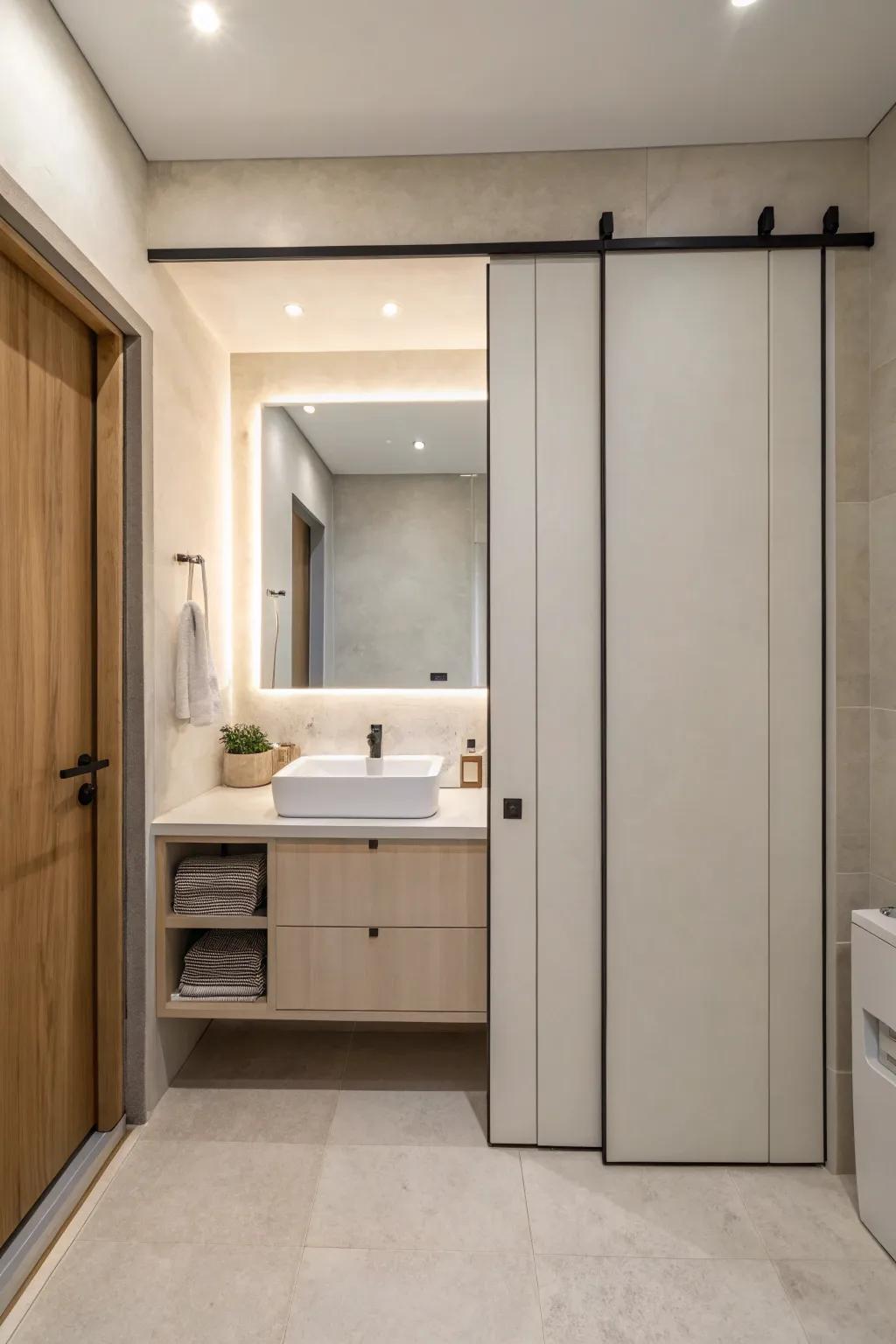 A sliding door revealing concealed storage in a minimalist bathroom.