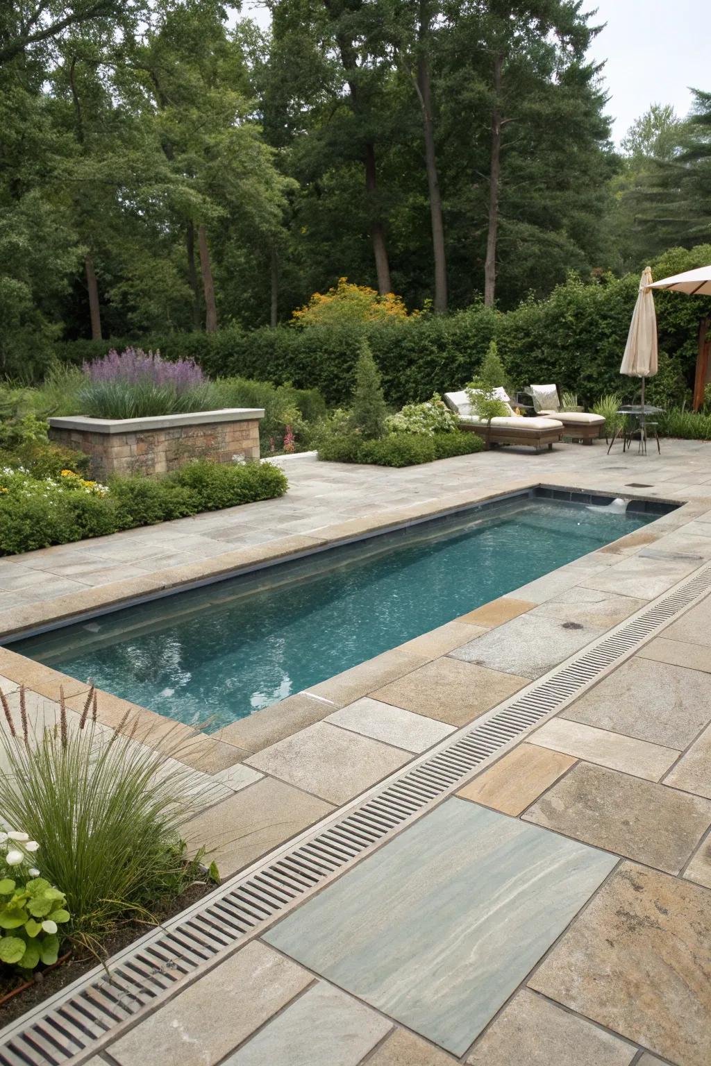 Natural stone pavers smoothly integrating concealed drains.