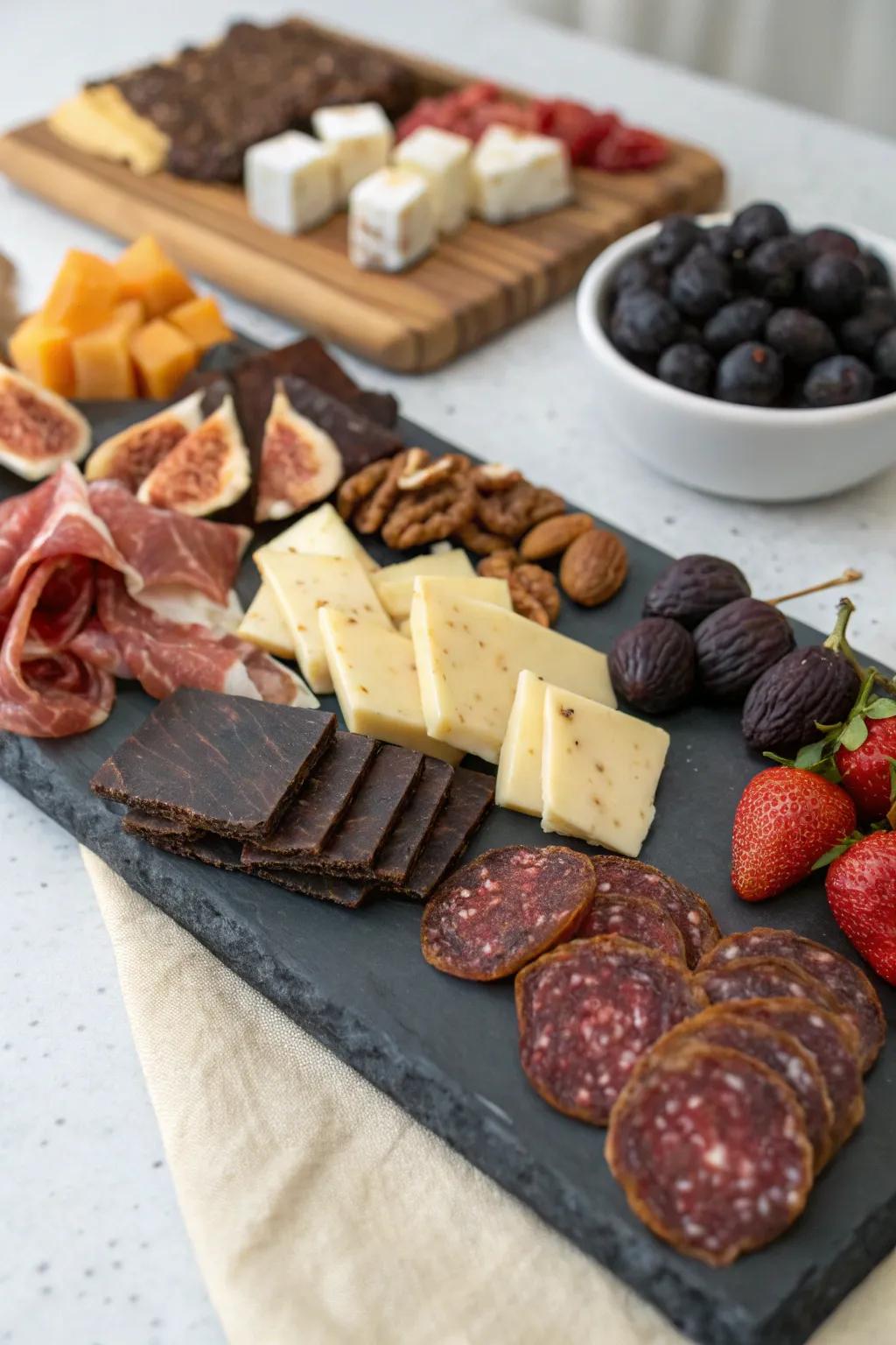 A delightful sweet and savory charcuterie board.
