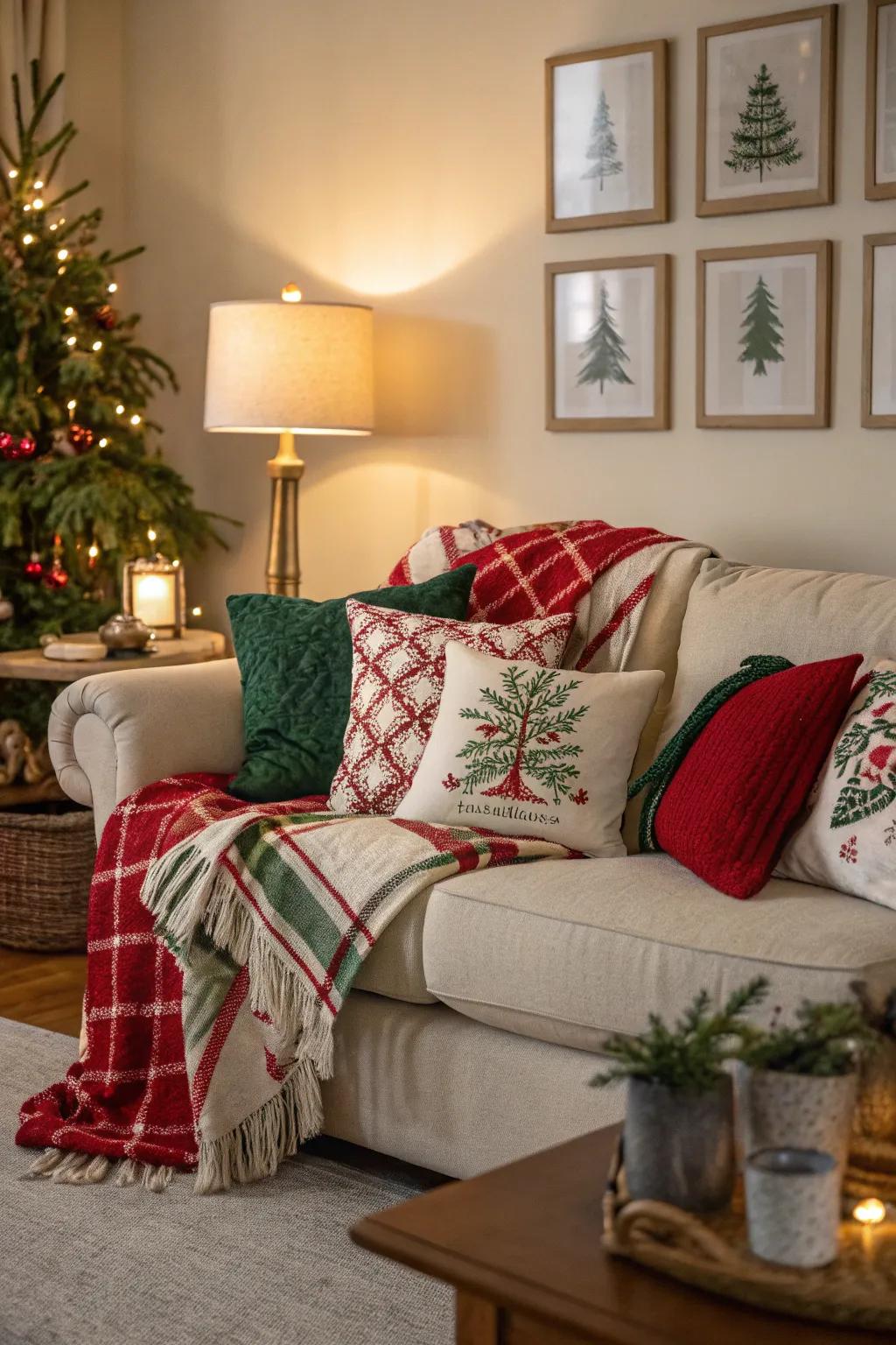 A cozy living room suffused with holiday cheer through cushions and throws.
