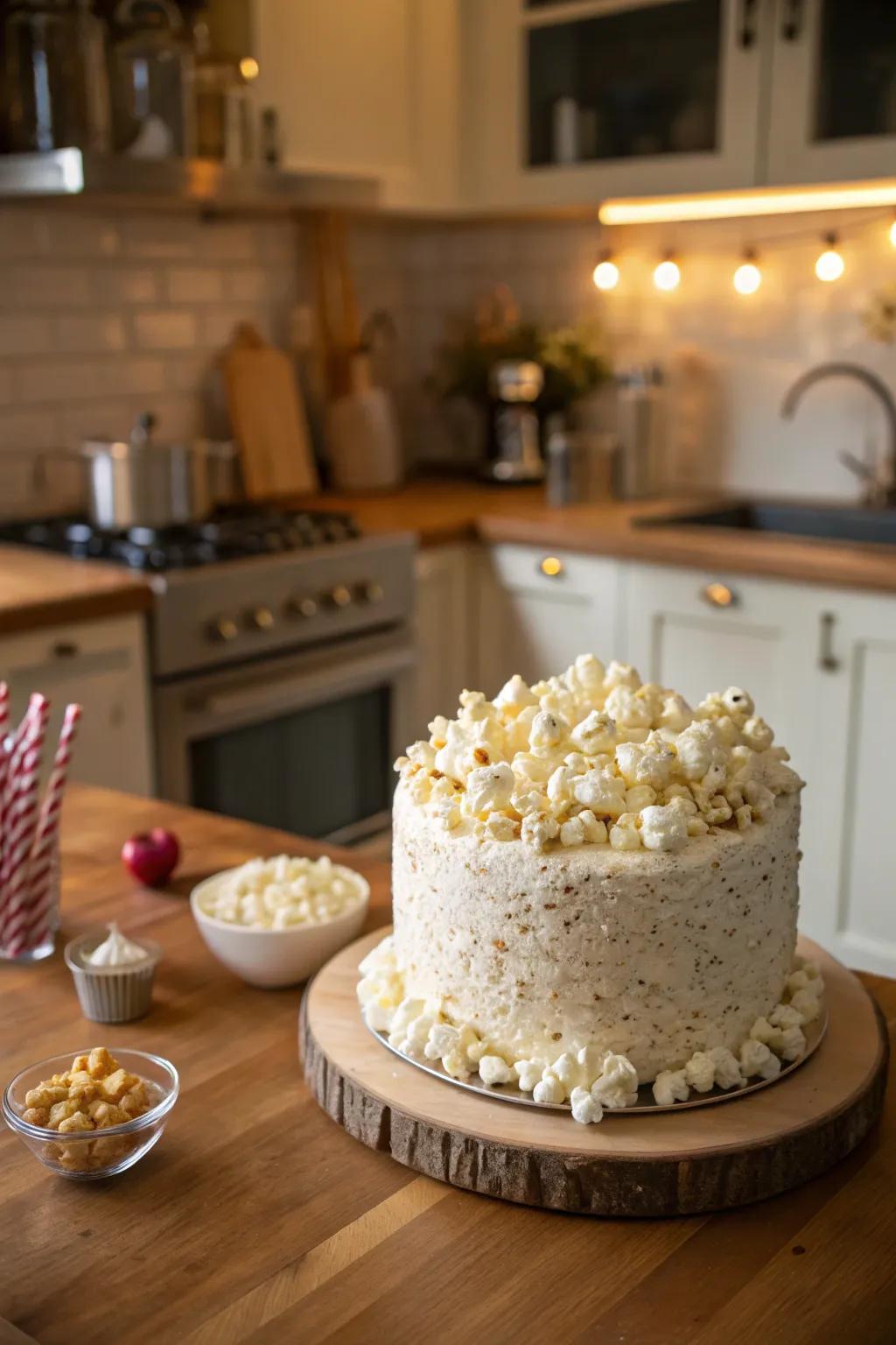 A jovial cake with marshmallow kernels for a carefree, cinema-inspired touch.