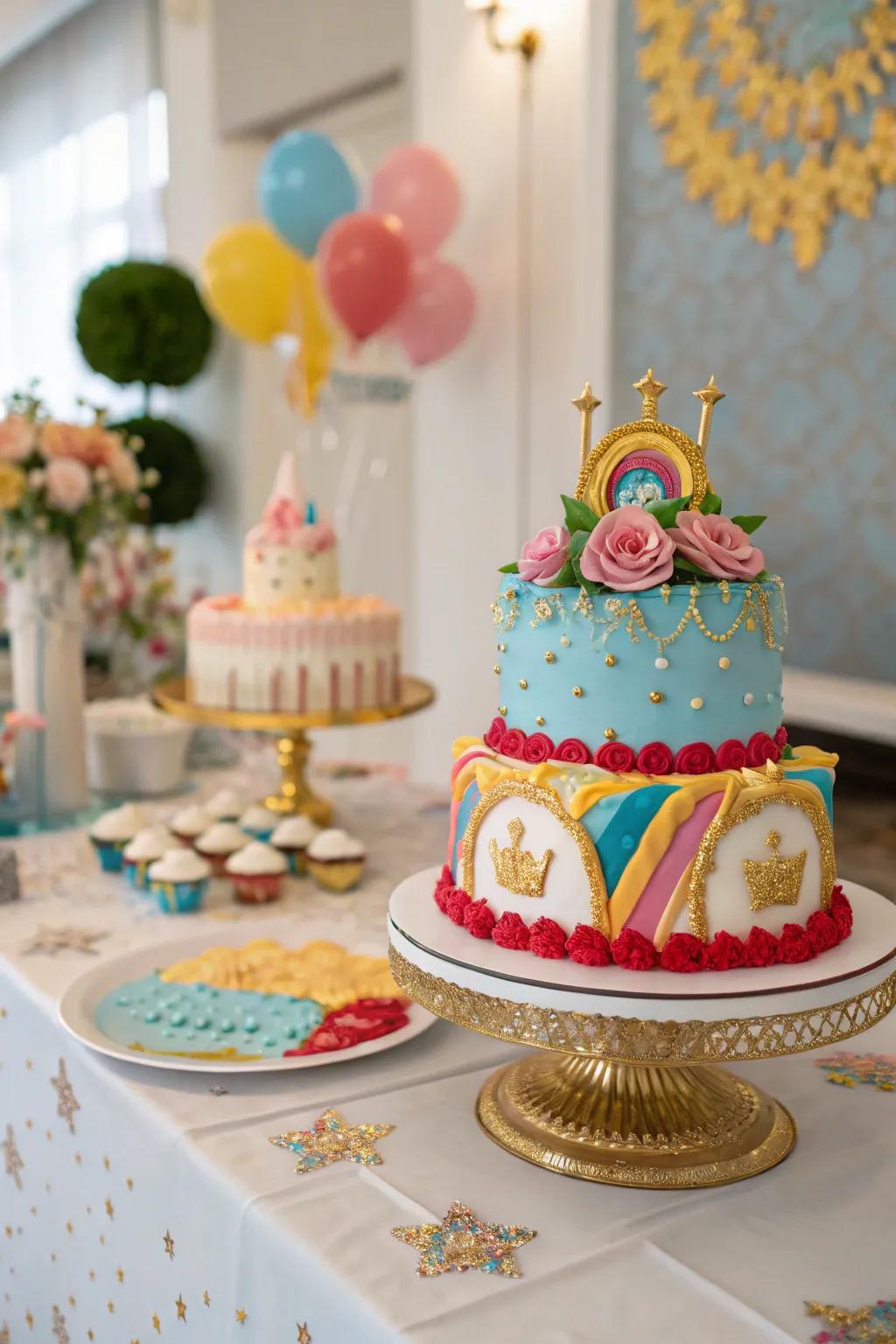 A themed birthday dessert that serves as both a sweet offering and visual adornment.