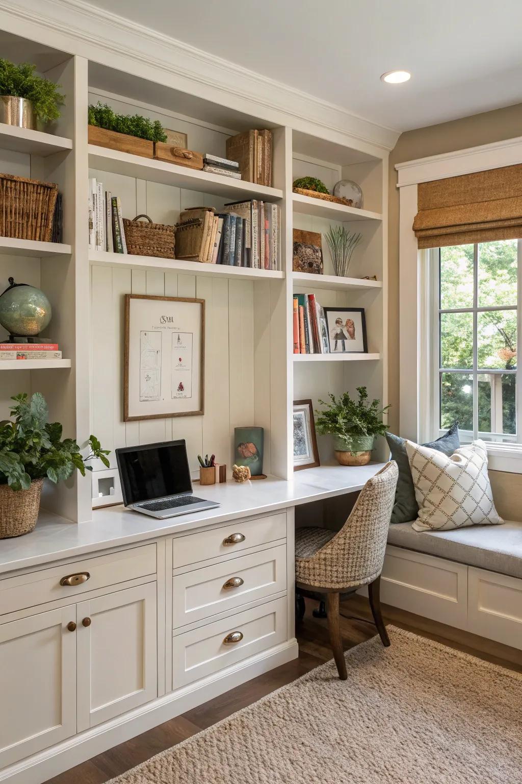 Integrated storage solutions for a meticulously organized home office.