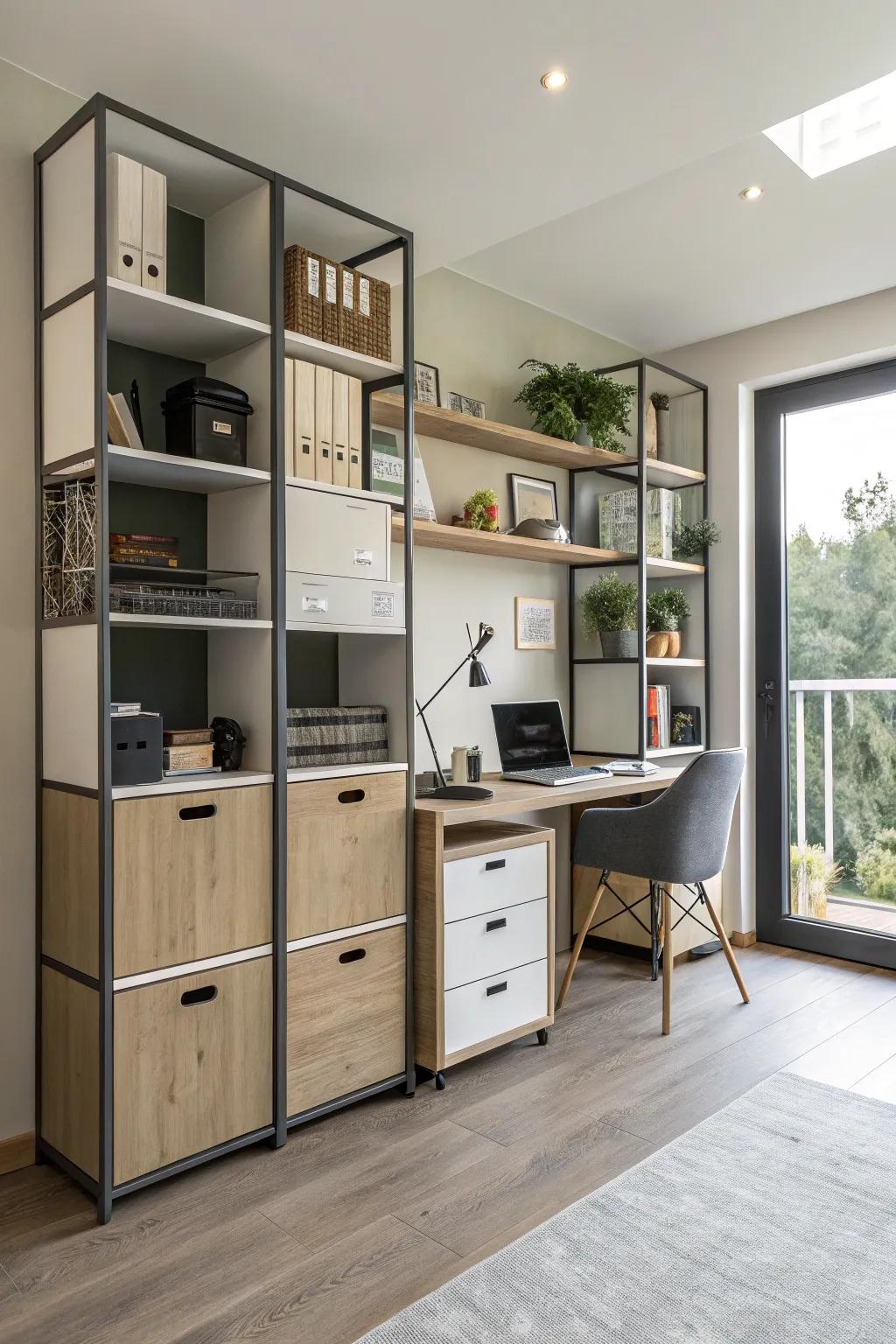 Interchangeable shelving offers customizable storage solutions.