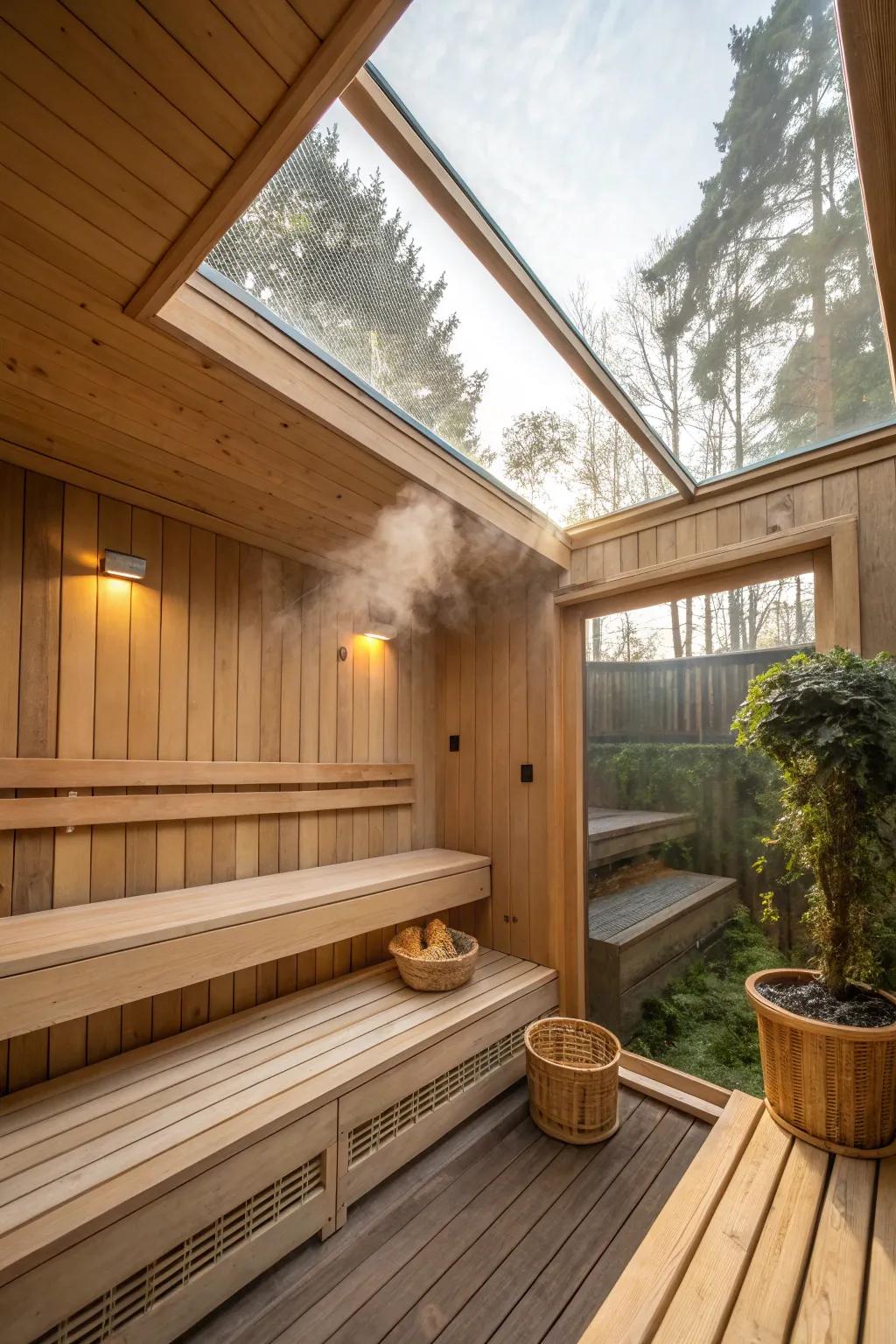 Sunlight enhances the peaceful setting inside this home sauna.