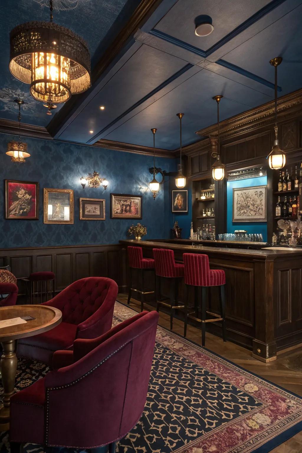 Deep, intense colors contribute to a refined speakeasy vibe.