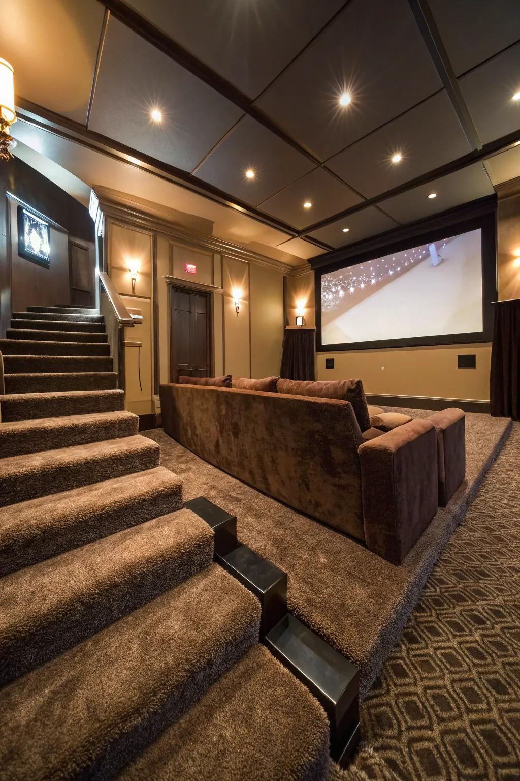 High-end carpeting enriches comfort and enhances audio in your theater.