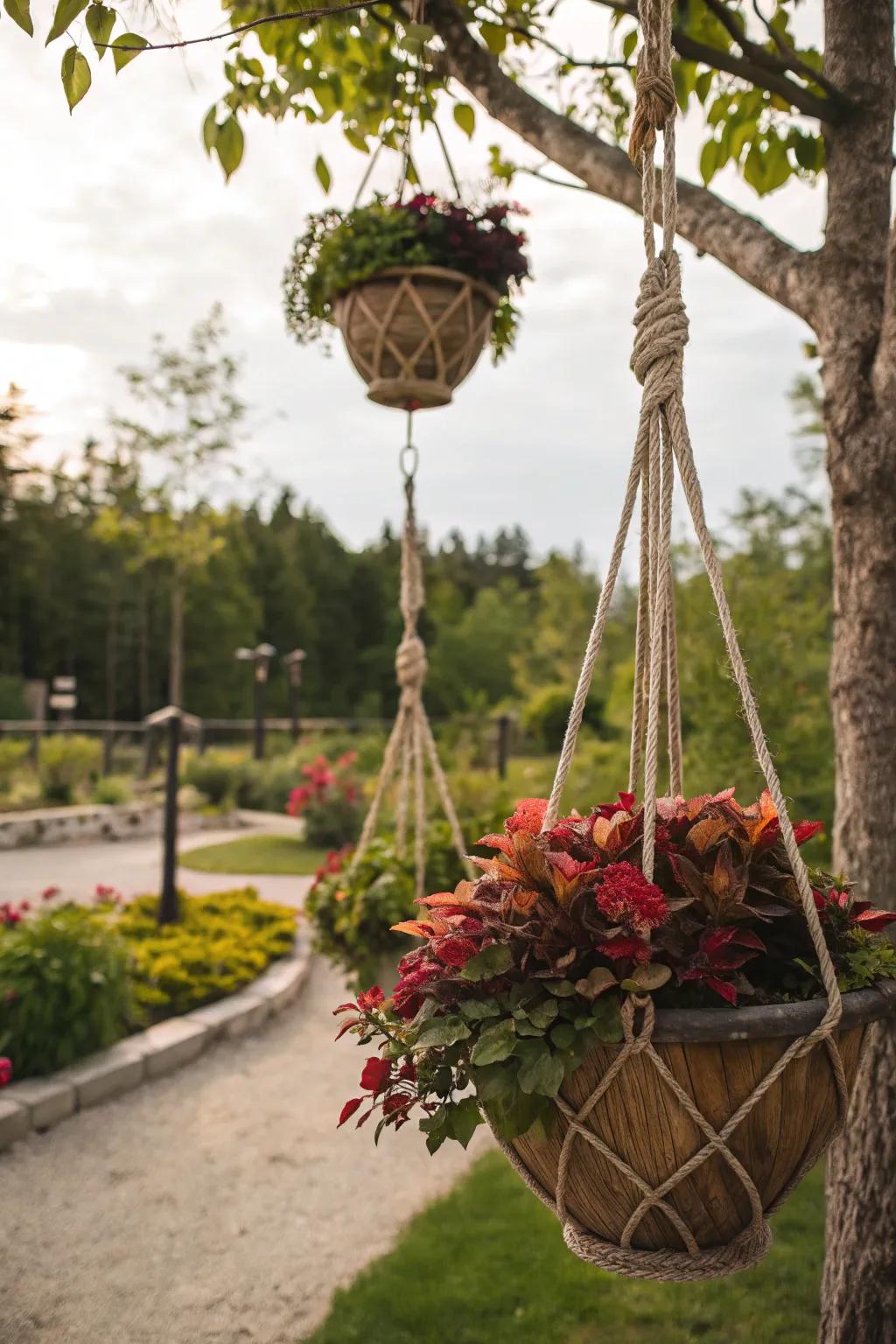 Rope planters add vertical interest to your garden.