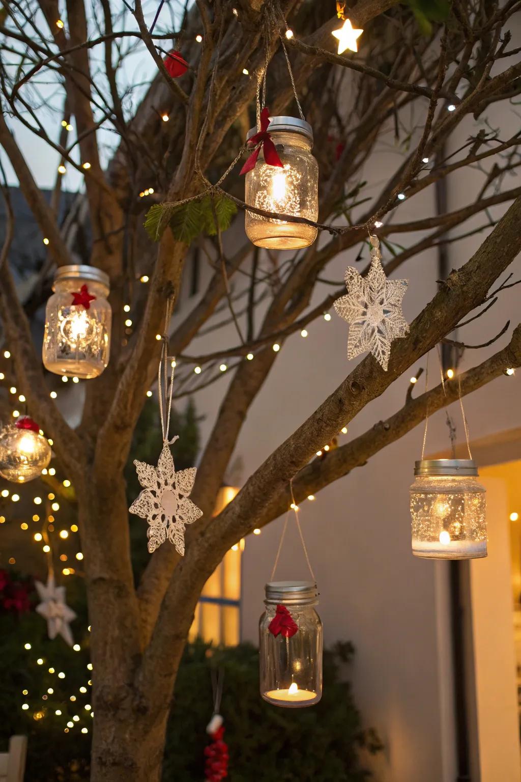 Starlit mason jar lid ornaments casting a warm glow on the holiday tree.