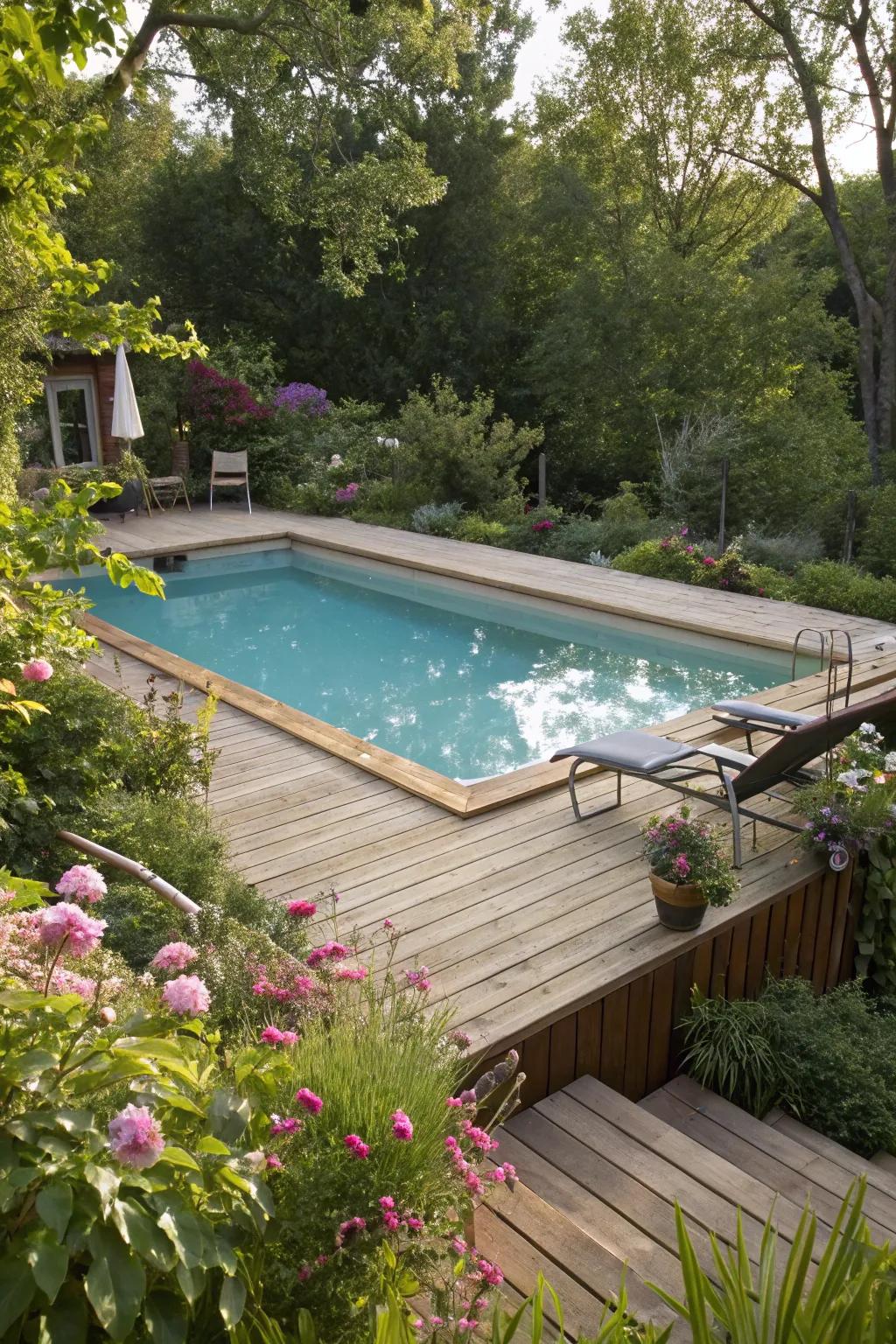 An above-ground pool seamlessly integrated into the backyard.