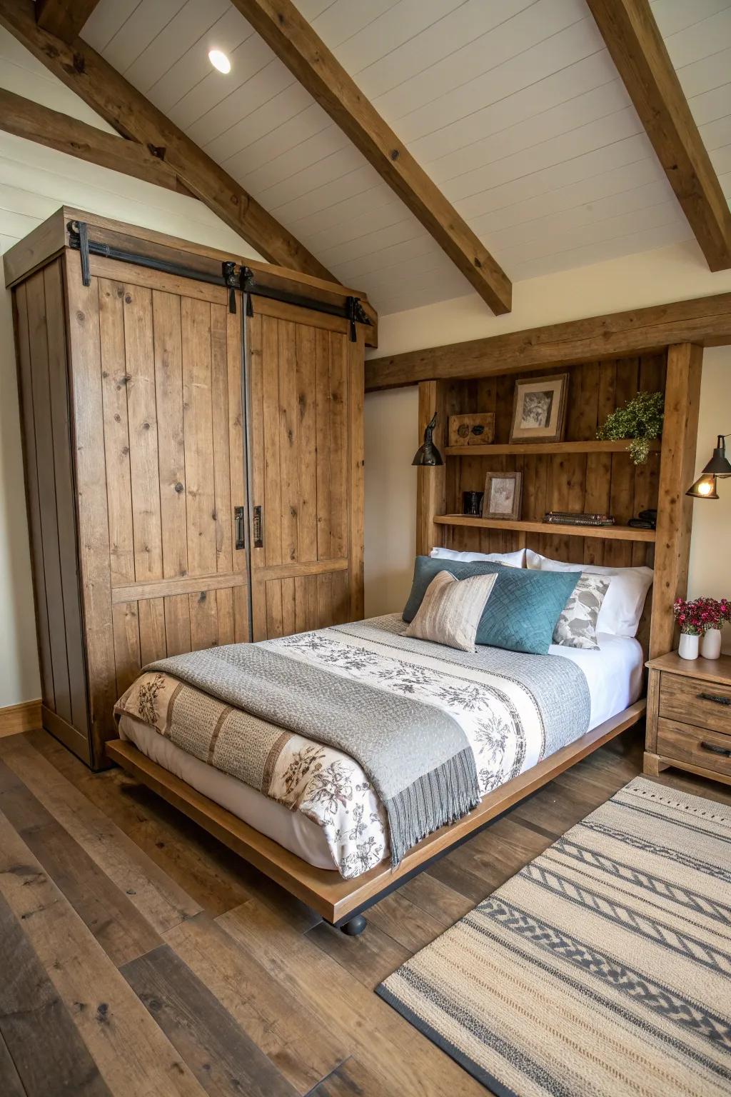 Country style in a modern setting having a wood hideaway bed, adding character to the room.