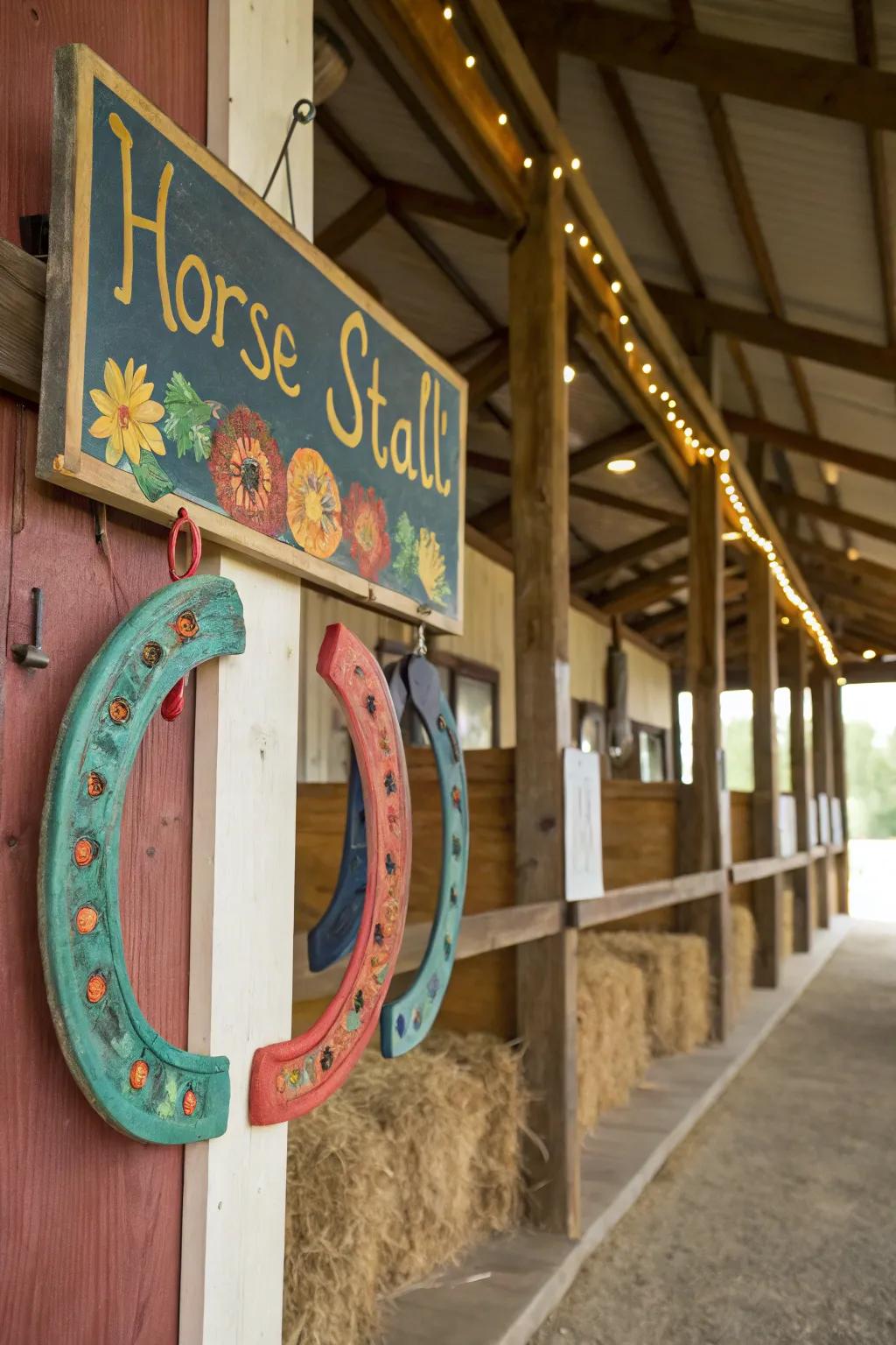 Whimsical decorated metal hoof protectors adorning a stall marker.