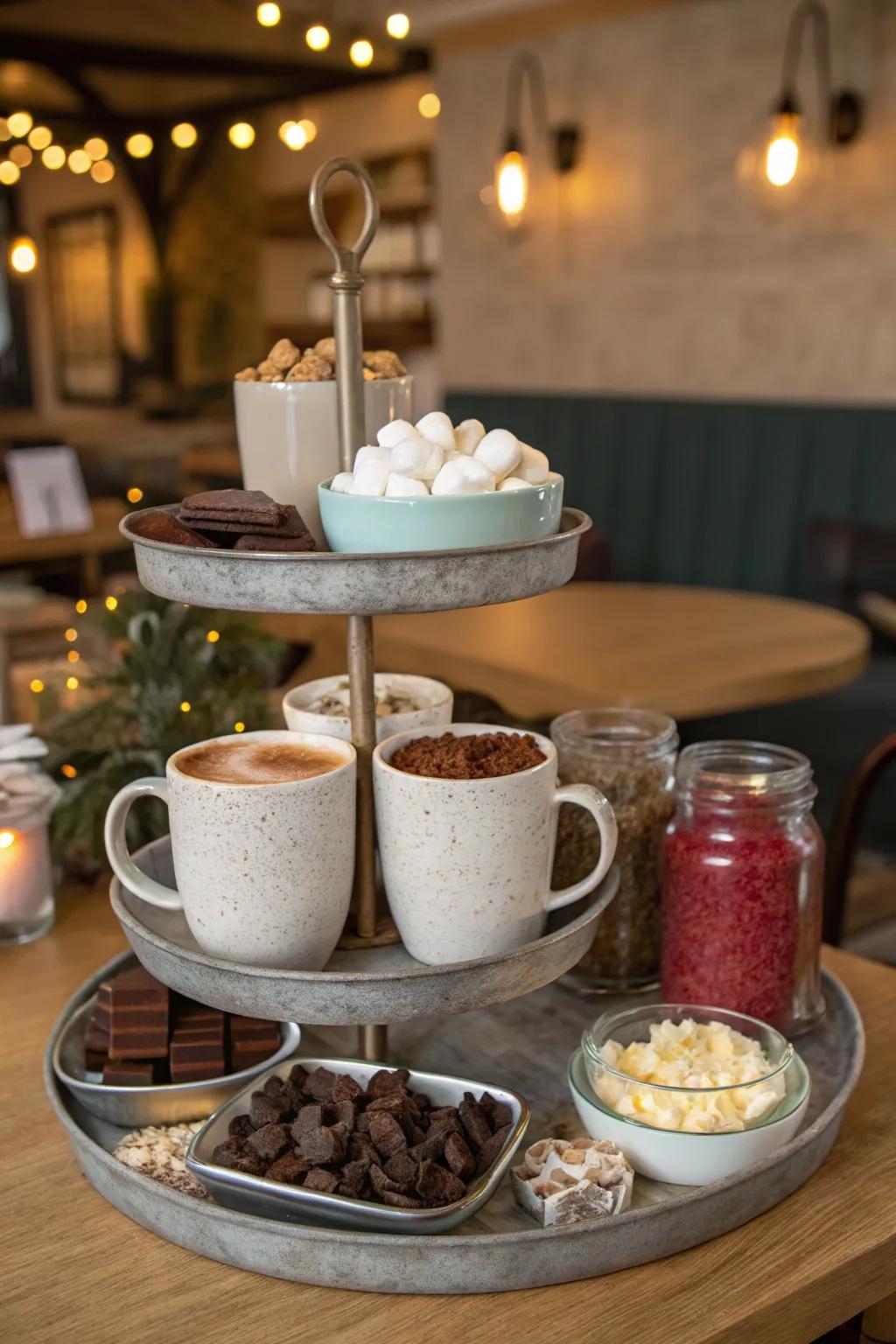 A stepped platter maintains your hot chocolate station structured and appealing.