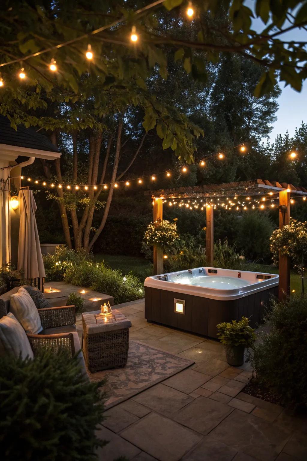 Ambient illumination transforms the <strong><em>hot tub</em></strong> area into an enchanting refuge.” loading=”lazy” class=”pimg”>
	</picture><figcaption>Ambient illumination transforms the <strong><em>hot tub</em></strong> area into an enchanting refuge.</figcaption></figure>
<p>Strands of lights or LED sconces can fashion an enchanting ambiance around your <strong><em>hot tub</em></strong>. I consistently advocate lighting as an essential component to relish your space, both during the day and under the stars.</p>
<h3>Might be a good match:</h3>
<ul class=