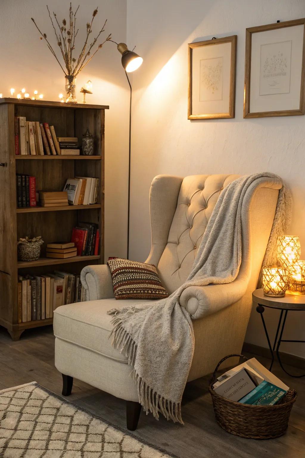 A cozy reading corner that's perfectly set up for relaxing with a favorite book.