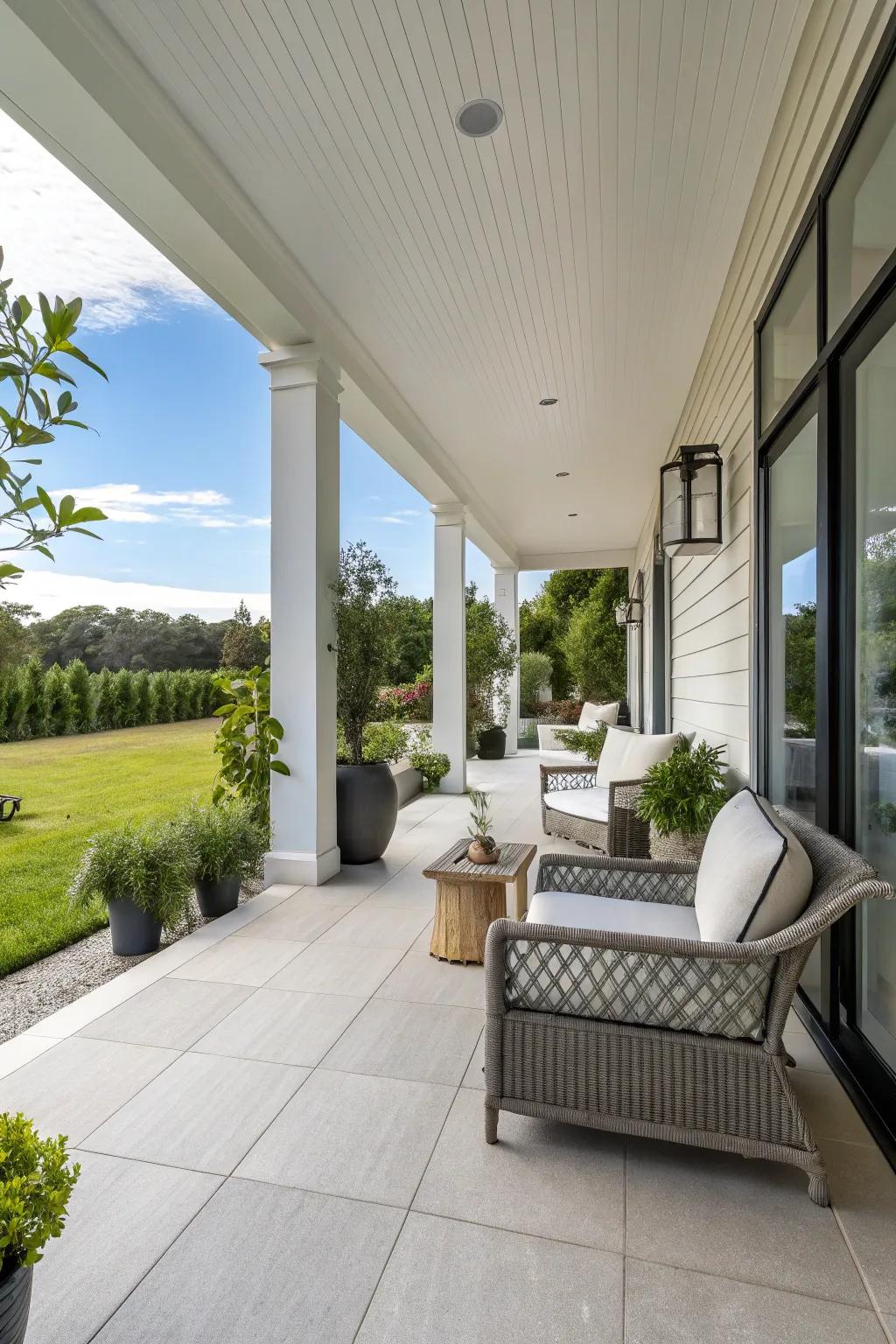 Minimalist decor imparts elegance to this modern porch.