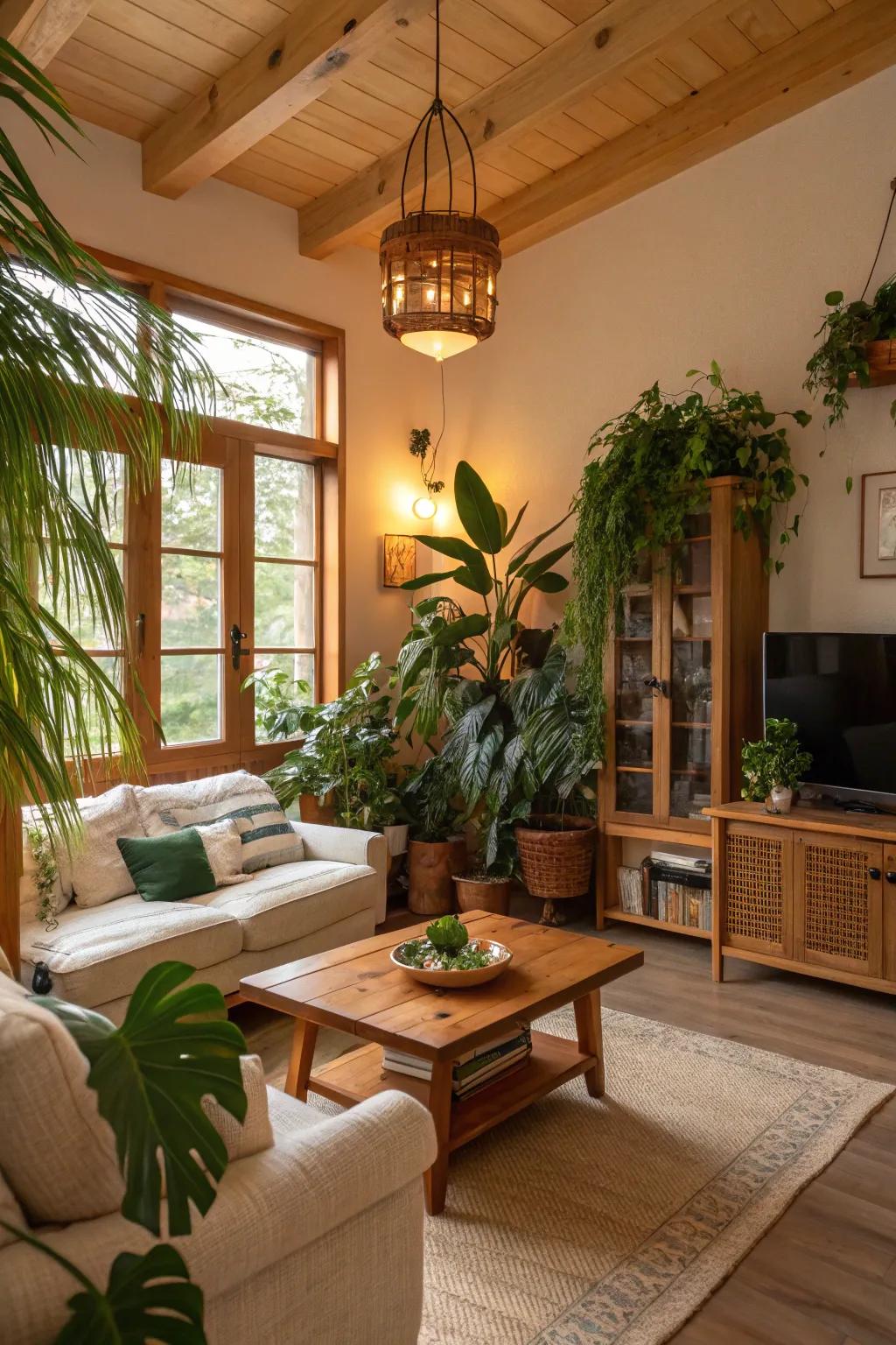 A serene living space with natural components and greenery.