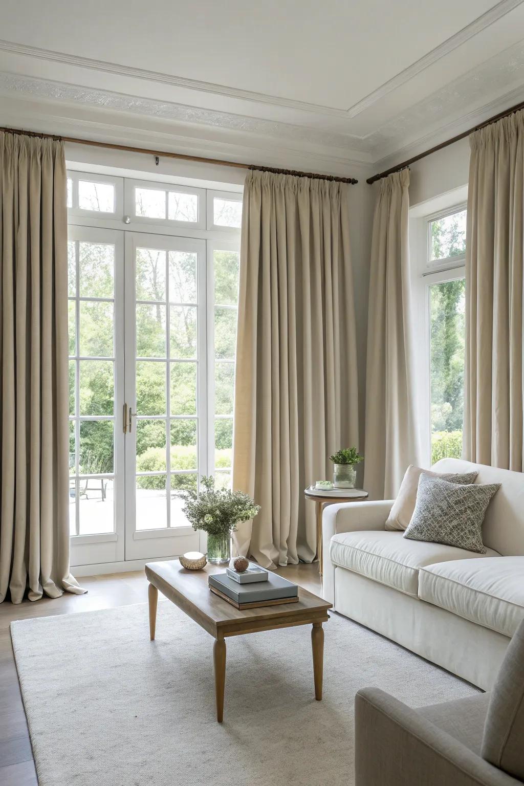 Coordinating window coverings with wall colors cultivates a balanced living room setting.