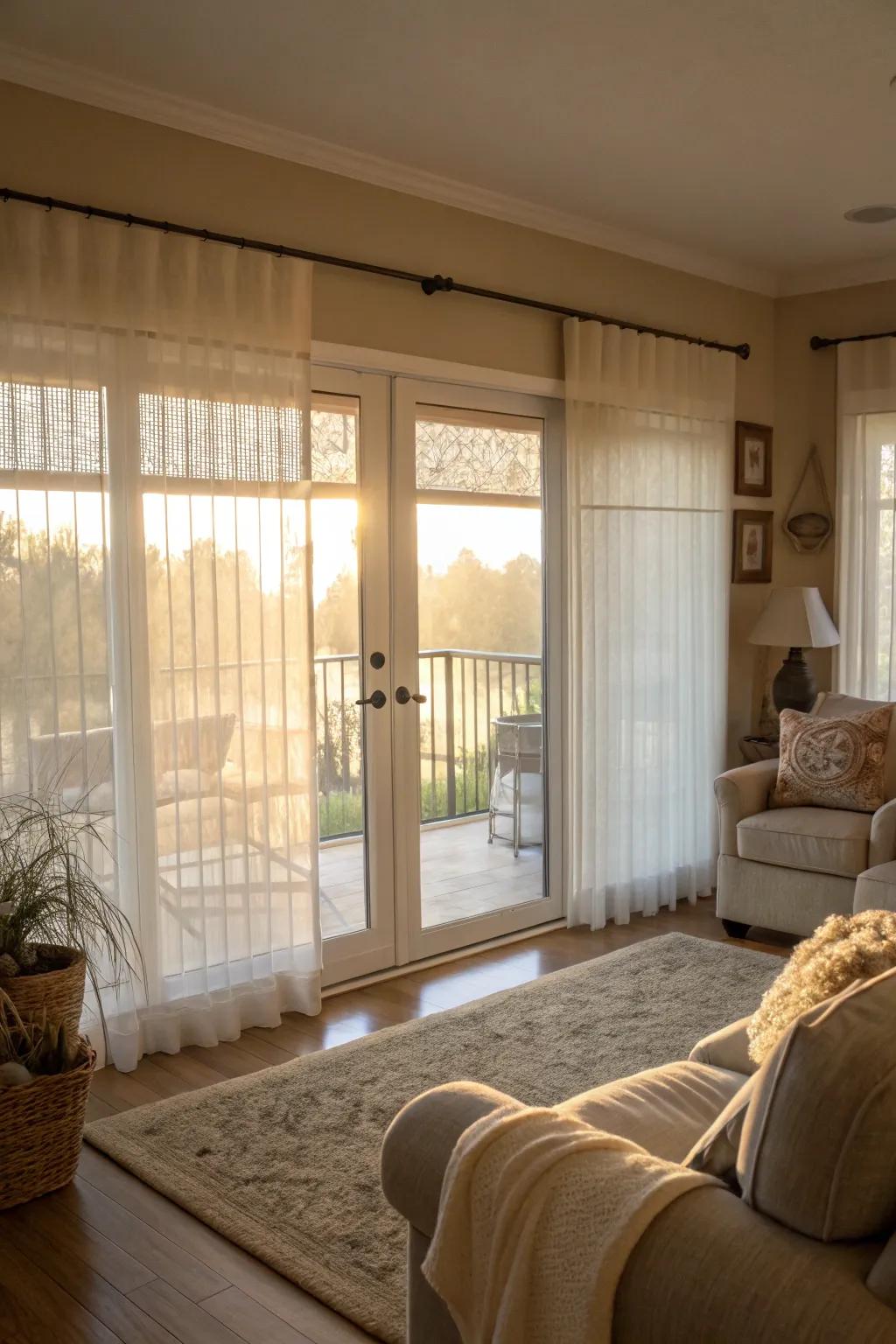 Semi-transparent privacy screens provide soft, diffused light.