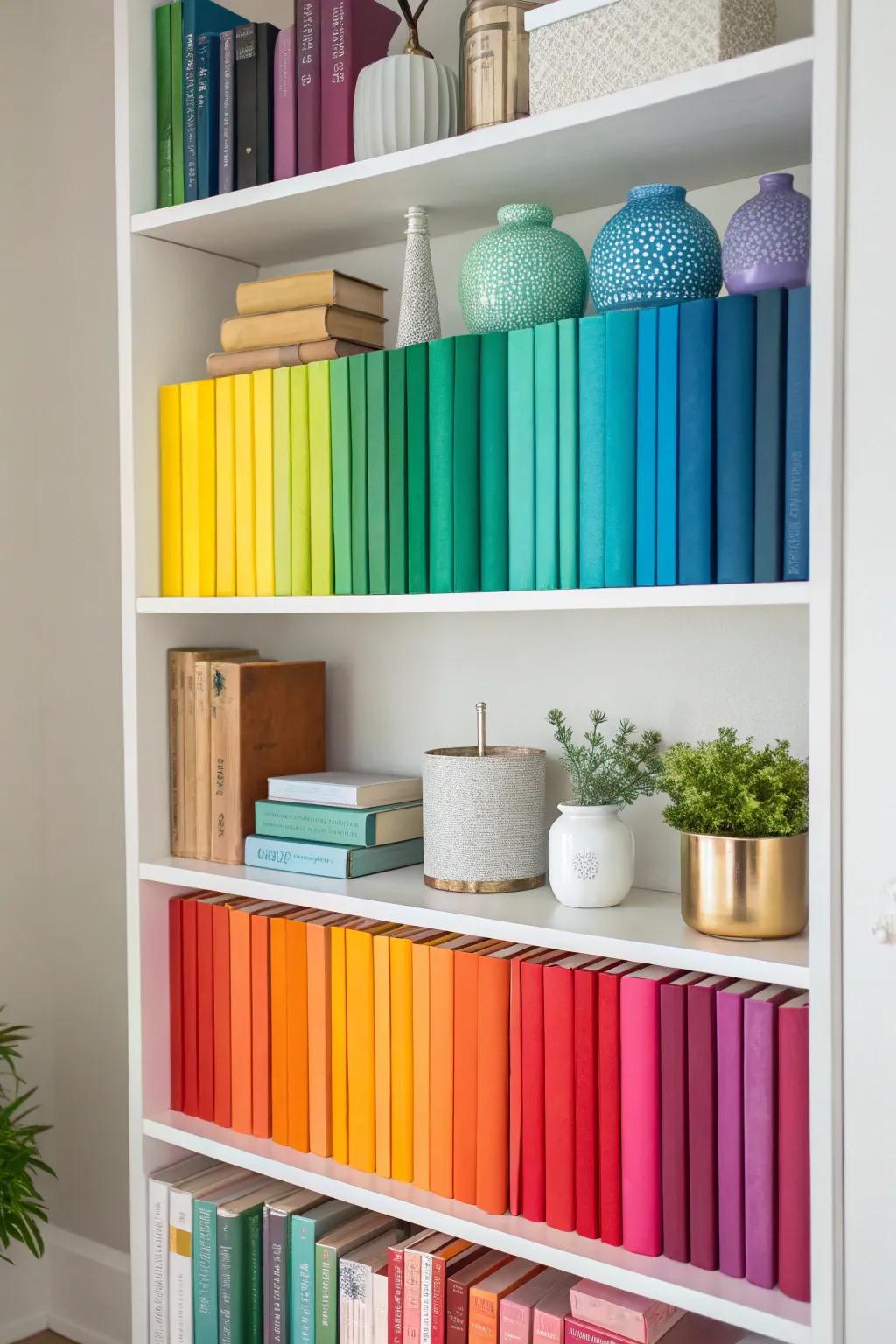 Tone-coordinated bookshelf with harmonious decor.
